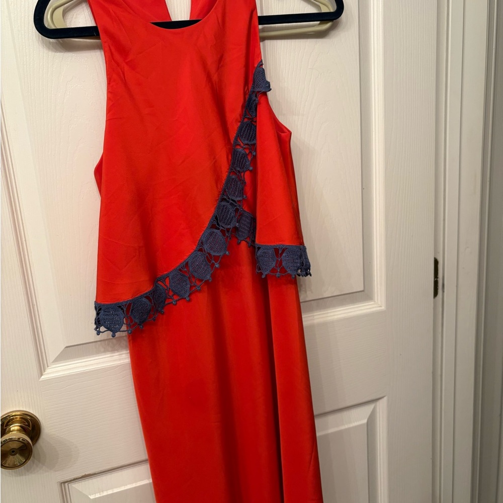 Tory Burch Vibrant Red Midi Dress with Navy Trim